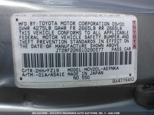 JT2BF22K610290577 - 2001 TOYOTA CAMRY CE/LE/XLE 灰色 照片 9