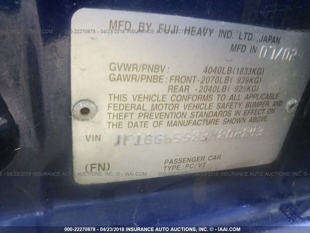 JF1GG65583H802843 - 2003 SUBARU IMPREZA TS BLUE photo 9