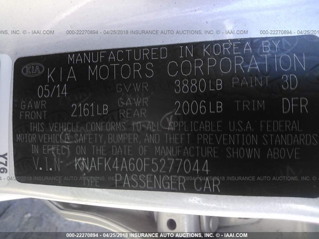 KNAFK4A60F5277044 - 2015 KIA FORTE LX SILVER photo 9