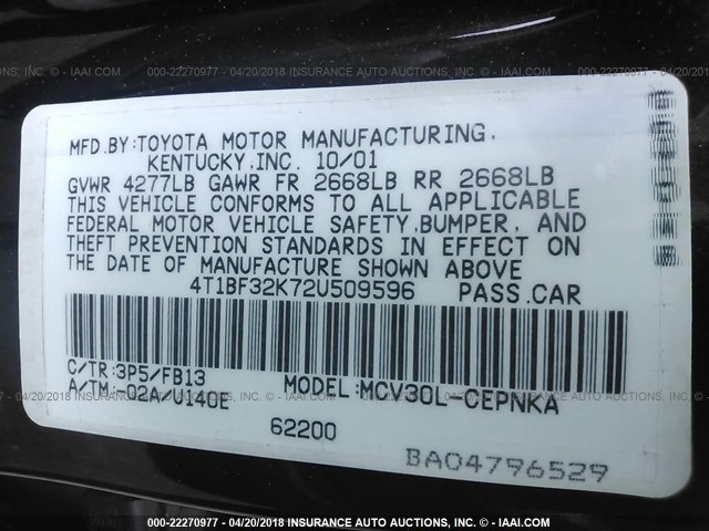 4T1BF32K72U509596 - 2002 TOYOTA CAMRY LE/XLE/SE BLACK photo 9