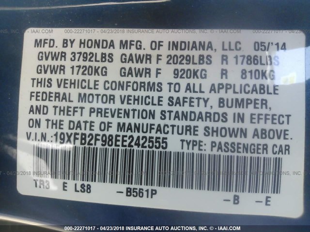 19XFB2F98EE242555 - 2014 HONDA CIVIC EXL BLUE photo 9