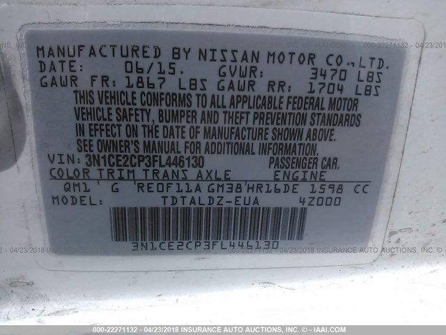 3N1CE2CP3FL446130 - 2015 NISSAN VERSA NOTE S/S PLUS/SV/SL/SR WHITE photo 9