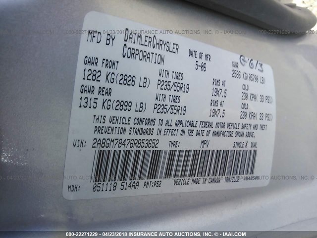 2A8GM78476R853652 - 2006 CHRYSLER PACIFICA LIMITED SILVER photo 9