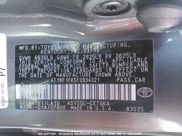 4T1BF1FK5FU934321 - 2015 TOYOTA CAMRY LE/XLE/SE/XSE GRAY photo 9