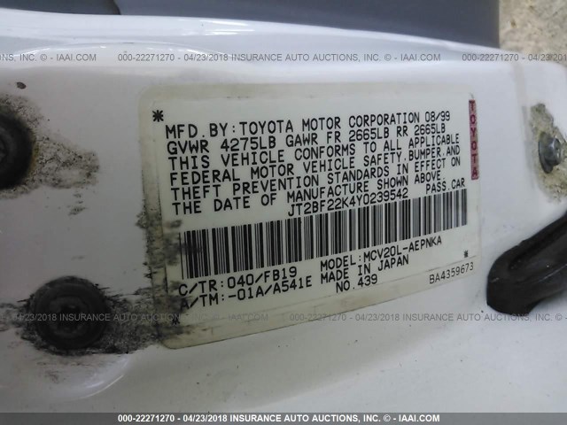 JT2BF22K4Y0239542 - 2000 TOYOTA CAMRY CE/LE/XLE WHITE photo 9