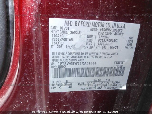 1FTRW08W11KA31844 - 2001 FORD F150 SUPERCREW RED photo 9