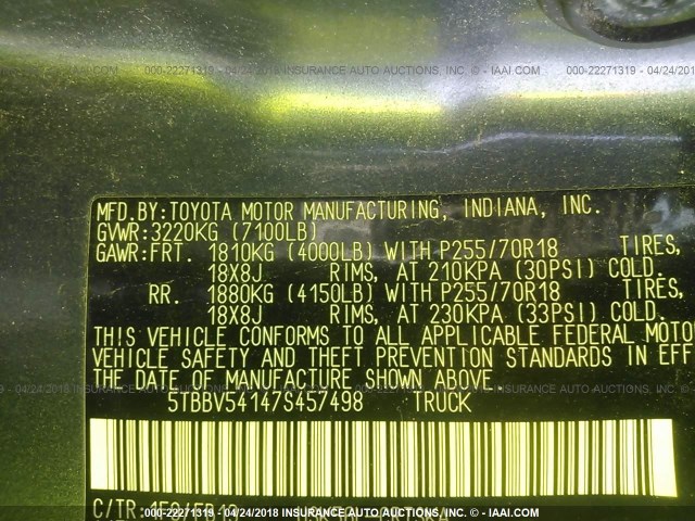 5TBBV54147S457498 - 2007 TOYOTA TUNDRA DOUBLE CAB SR5 GRAY photo 9