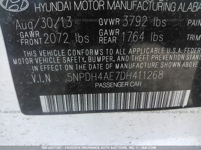 5NPDH4AE7DH411268 - 2013 HYUNDAI ELANTRA GLS/LIMITED WHITE photo 9