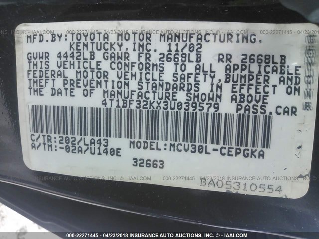 4T1BF32KX3U039579 - 2003 TOYOTA CAMRY LE/XLE/SE Qara foto 9