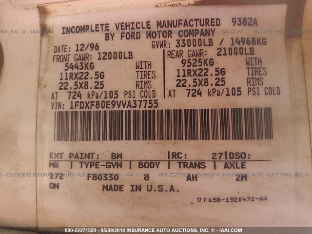 1FDXF80E9VVA37755 - 1997 FORD F800 WHITE photo 10