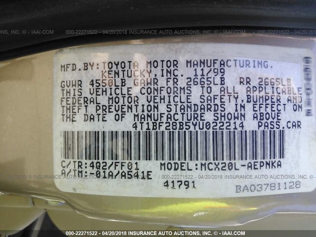 4T1BF28B5YU022214 - 2000 TOYOTA AVALON XL/XLS GOLD photo 9