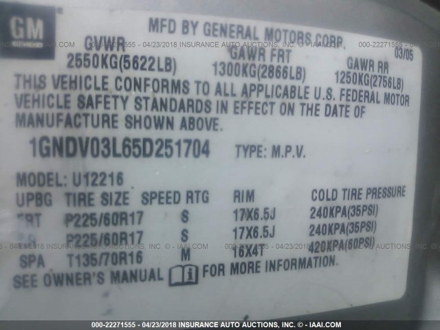 1GNDV03L65D251704 - 2005 CHEVROLET UPLANDER SILVER photo 9