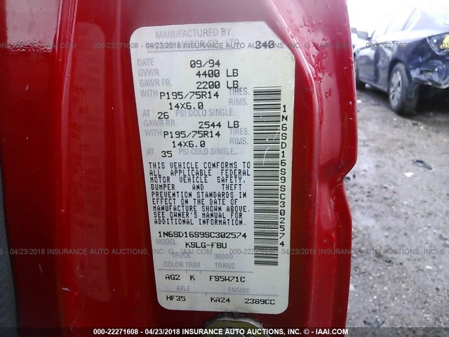 1N6SD16S9SC302574 - 1995 NISSAN TRUCK KING CAB XE RED photo 9