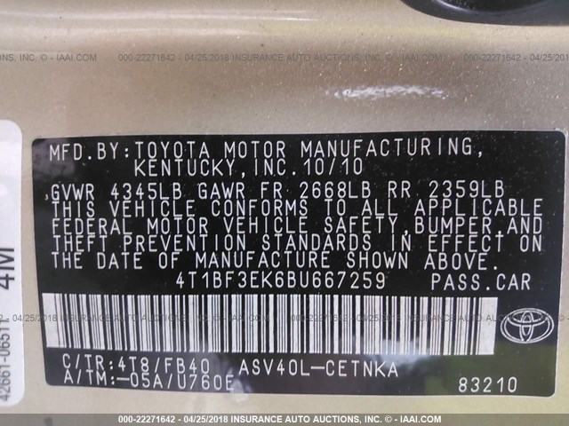 4T1BF3EK6BU667259 - 2011 TOYOTA CAMRY SE/LE/XLE GOLD photo 9