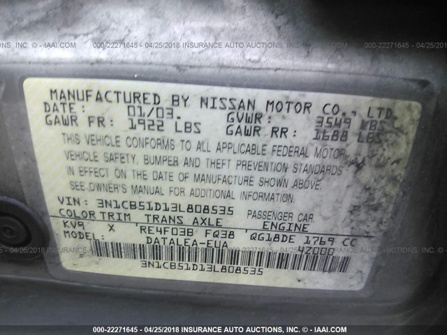 3N1CB51D13L808535 - 2003 NISSAN SENTRA XE/GXE SILVER photo 9