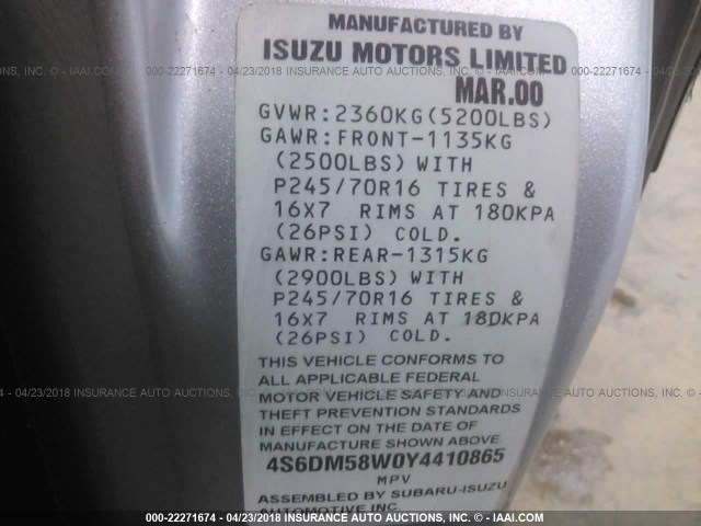 4S6DM58W0Y4410865 - 2000 HONDA PASSPORT EX/LX Արծաթագույն լուսանկար 9