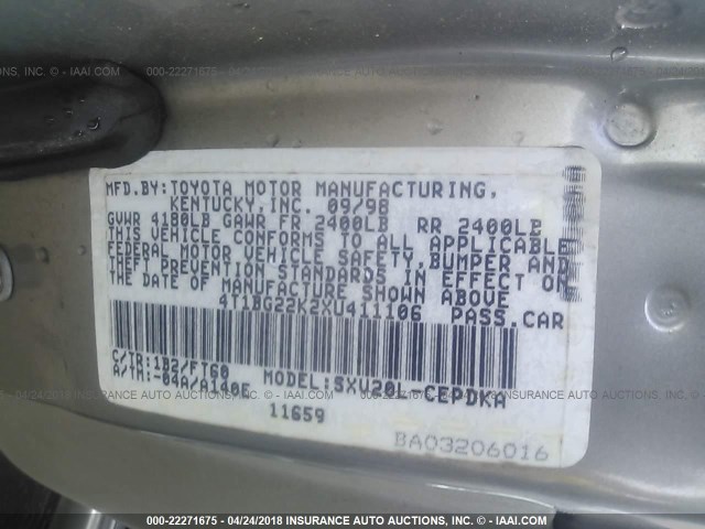 4T1BG22K2XU411106 - 1999 TOYOTA CAMRY CE/LE/XLE 棕色 照片 9
