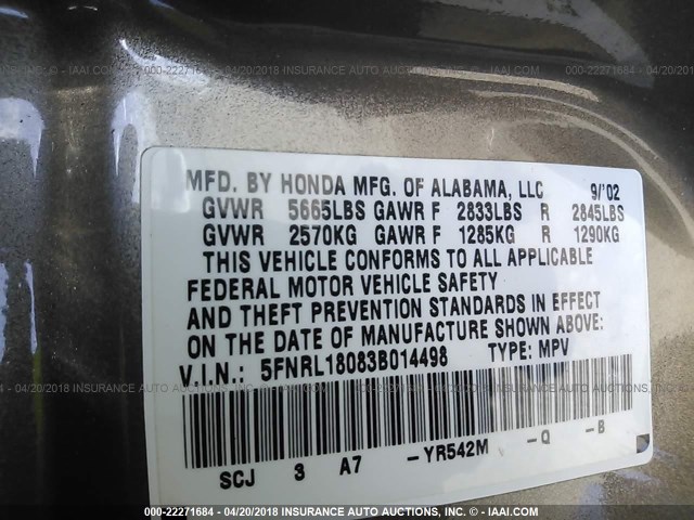 5FNRL18083B014498 - 2003 HONDA ODYSSEY EXL ბეჟი ფოტო 9