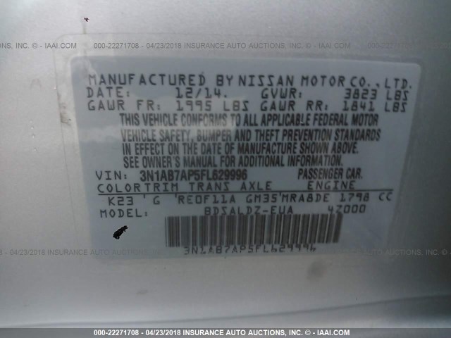 3N1AB7AP5FL629996 - 2015 NISSAN SENTRA S/SV/SR/SL SILVER photo 9