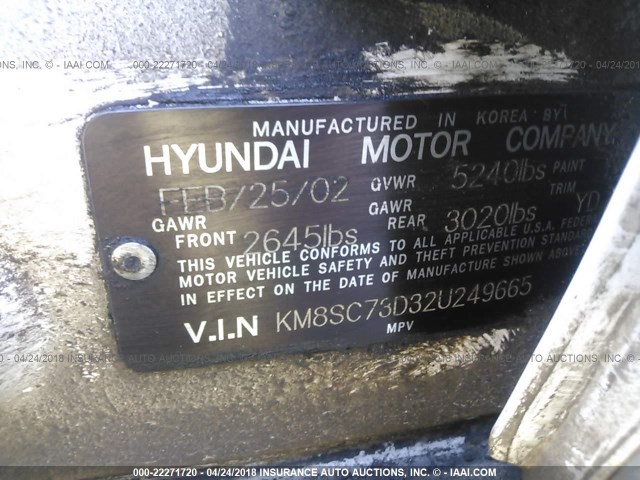 KM8SC73D32U249665 - 2002 HYUNDAI SANTA FE GLS/LX WHITE photo 9