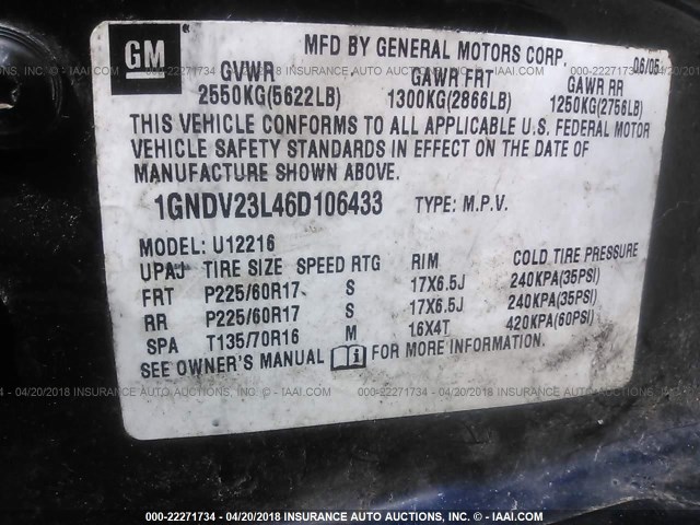 1GNDV23L46D106433 - 2006 CHEVROLET UPLANDER LS ლურჯი ფოტო 9