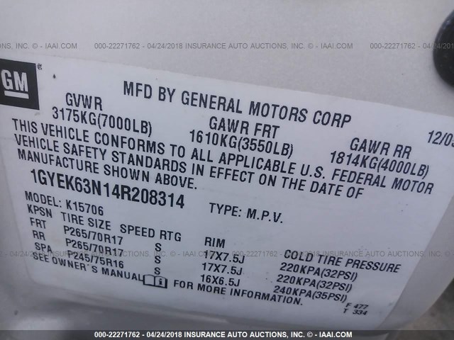 1GYEK63N14R208314 - 2004 CADILLAC ESCALADE LUXURY Ağ foto 9