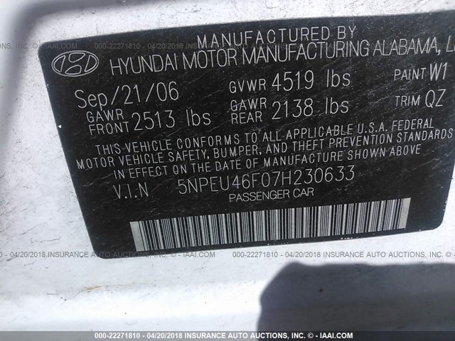 5NPEU46F07H230633 - 2007 HYUNDAI SONATA SE/LIMITED WHITE photo 9