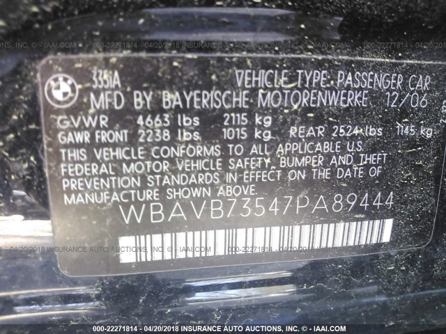 WBAVB73547PA89444 - 2007 BMW 335 I BLACK photo 9