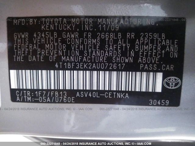 4T1BF3EK2AU072617 - 2010 TOYOTA CAMRY SE/LE/XLE 银色 照片 9