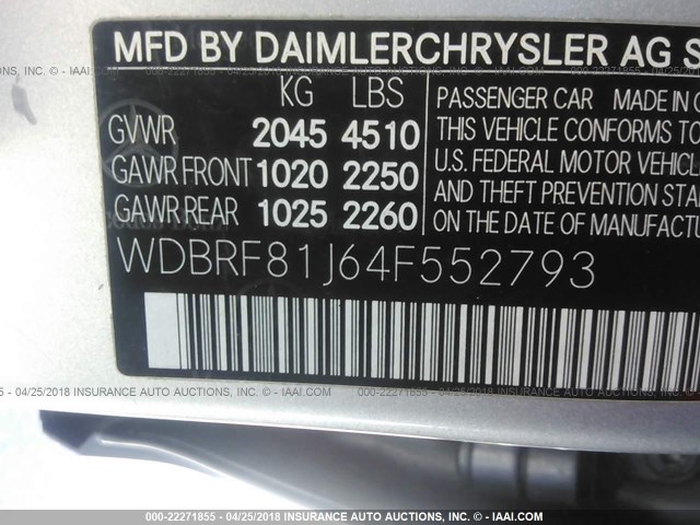 WDBRF81J64F552793 - 2004 MERCEDES-BENZ C 240 4MATIC SILVER photo 9