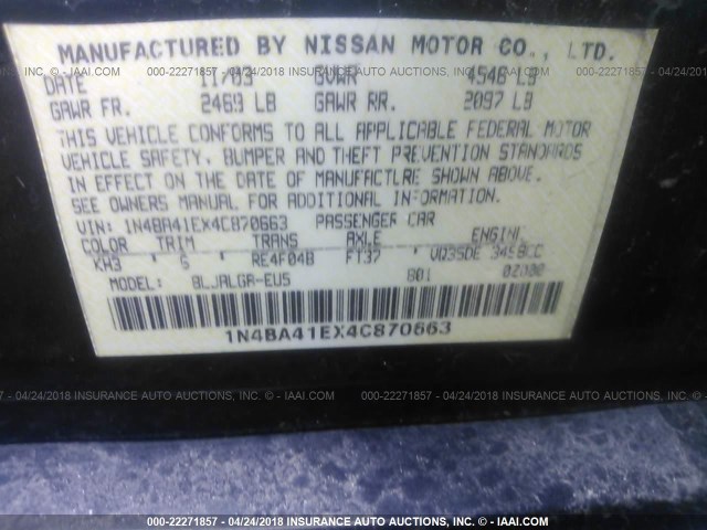 1N4BA41EX4C870663 - 2004 NISSAN MAXIMA SE/SL BLACK photo 9