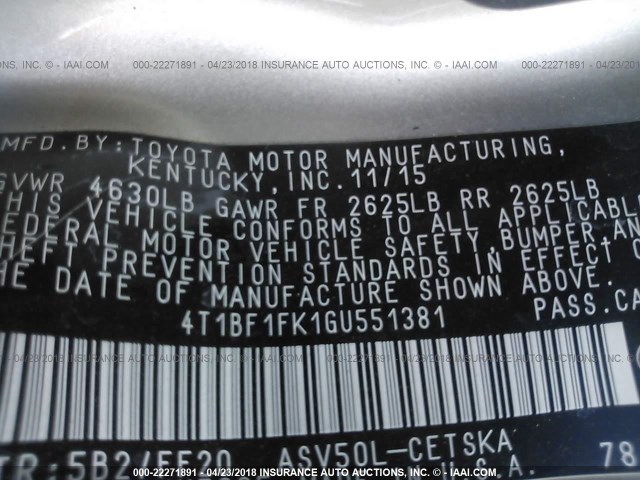 4T1BF1FK1GU551381 - 2016 TOYOTA CAMRY LE/XLE/SE/XSE GOLD photo 9