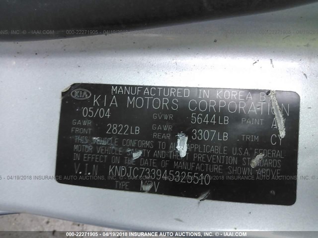 KNDJC733945325510 - 2004 KIA SORENTO EX/LX GRAY photo 9