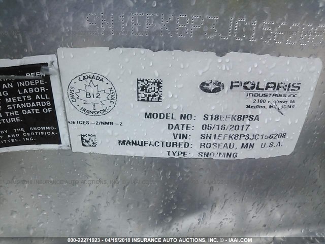 SN1EFK8P3JC156208 - 2018 POLARIS INDY 800 RMK  BLACK photo 9