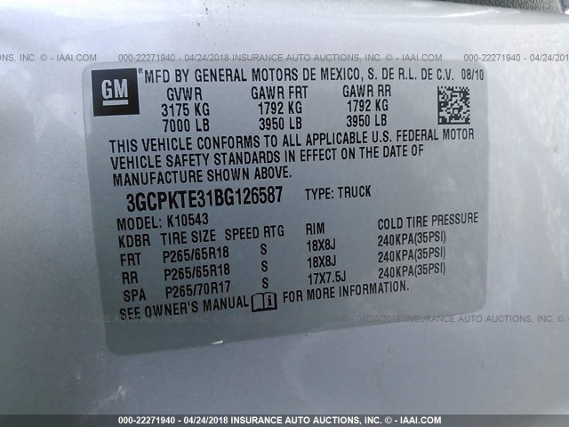 3GCPKTE31BG126587 - 2011 CHEVROLET SILVERADO K1500 LTZ SILVER photo 9