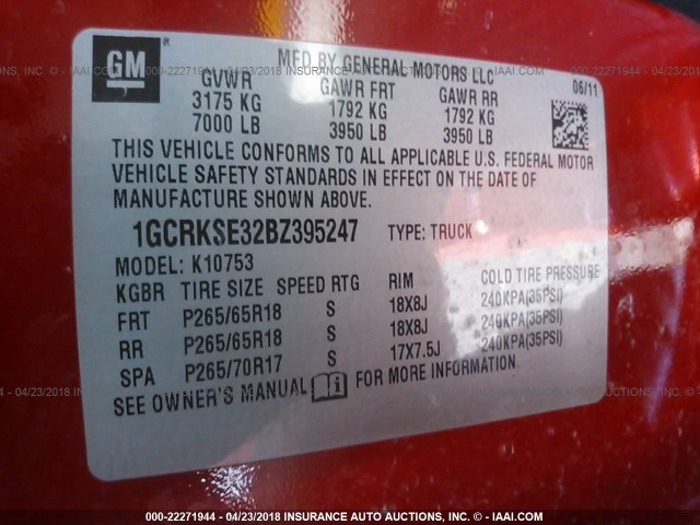 1GCRKSE32BZ395247 - 2011 CHEVROLET SILVERADO K1500 LT RED photo 9