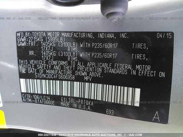 5TDYK3DC4FS606958 - 2015 TOYOTA SIENNA XLE/LIMITED SILVER photo 9