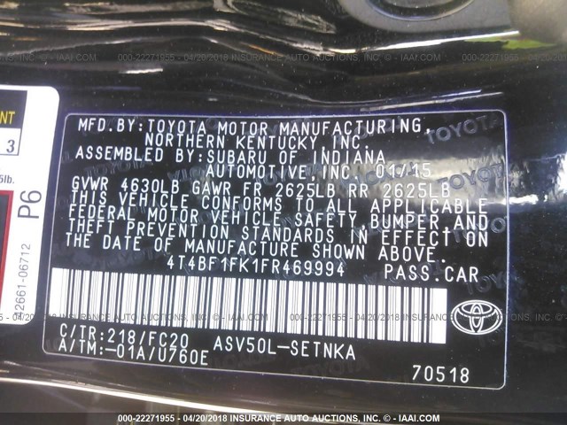 4T4BF1FK1FR469994 - 2015 TOYOTA CAMRY LE/XLE/SE/XSE BLACK photo 9