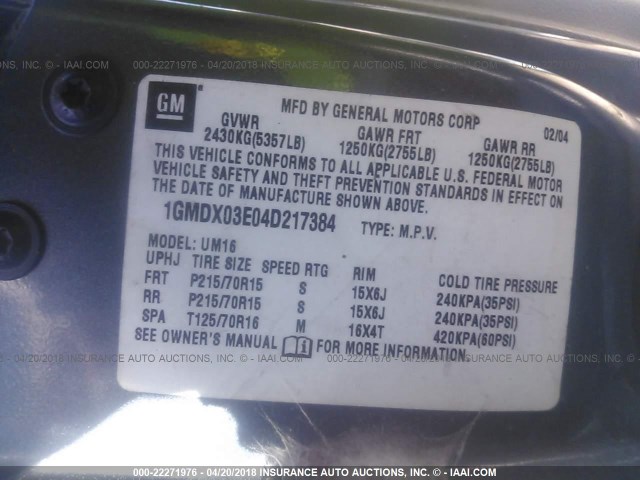 1GMDX03E04D217384 - 2004 PONTIAC MONTANA Light Blue photo 9