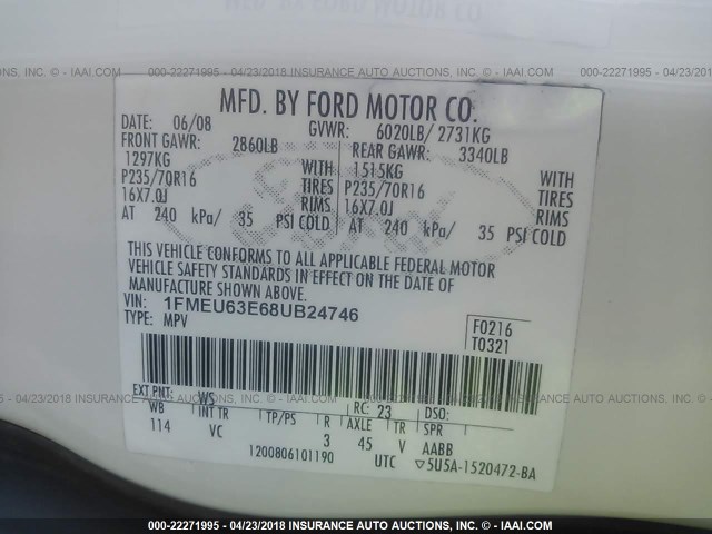 1FMEU63E68UB24746 - 2008 FORD EXPLORER XLT WHITE photo 9