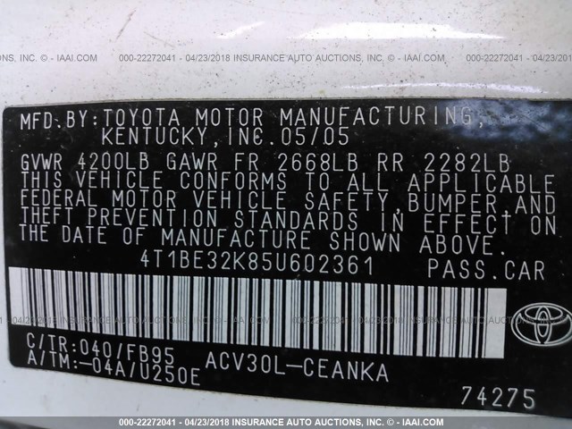 4T1BE32K85U602361 - 2005 TOYOTA CAMRY LE/XLE/SE 白色 照片 9