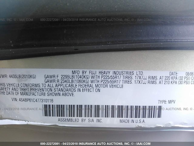 4S4BP61C477310116 - 2007 SUBARU LEGACY OUTBACK 2.5I SILVER photo 9