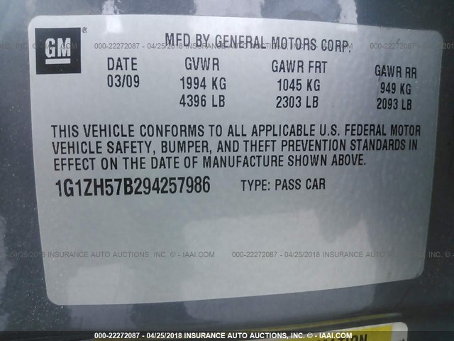 1G1ZH57B294257986 - 2009 CHEVROLET MALIBU 1LT GRAY photo 9