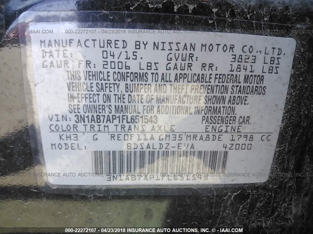 3N1AB7AP1FL651543 - 2015 NISSAN SENTRA S/SV/SR/SL BLACK photo 9