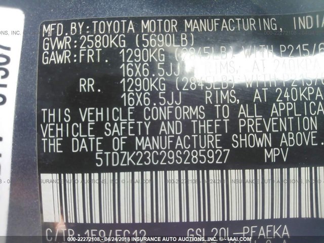 5TDZK23C29S285927 - 2009 TOYOTA SIENNA CE/LE GRAY photo 9