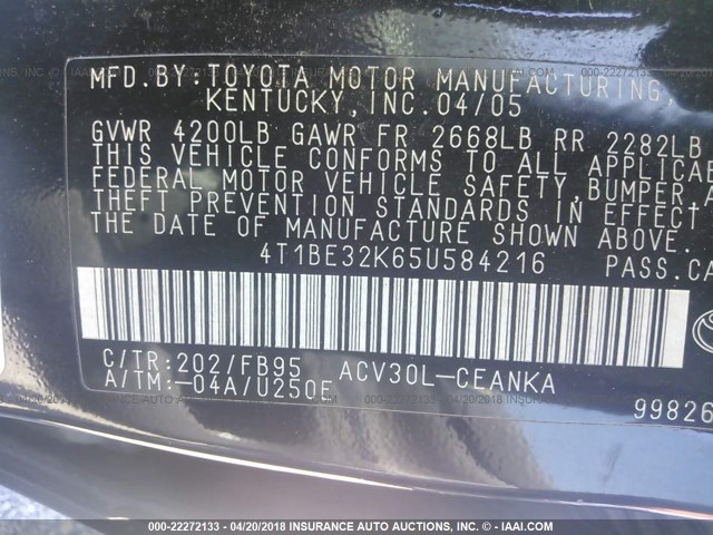 4T1BE32K65U584216 - 2005 TOYOTA CAMRY LE/XLE/SE 黑色 照片 9