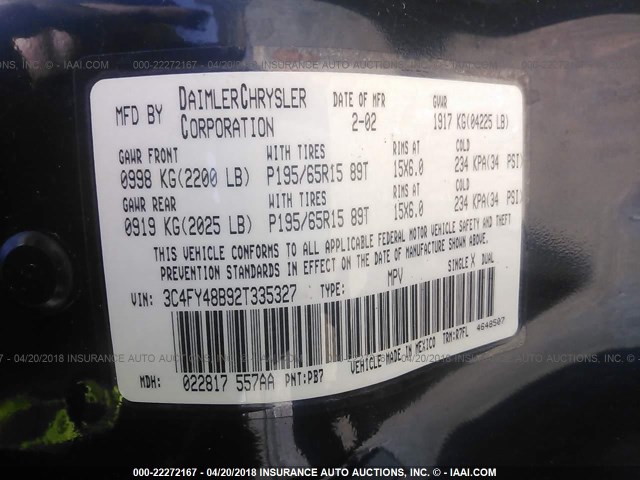 3C4FY48B92T335327 - 2002 CHRYSLER PT CRUISER CLASSIC 蓝色 照片 9