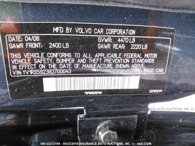 YV1RS592382700043 - 2008 VOLVO S60 2.5T BLUE photo 9
