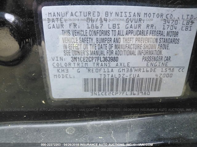 3N1CE2CP7FL363980 - 2015 NISSAN VERSA NOTE S/S PLUS/SV/SL/SR BLACK photo 9