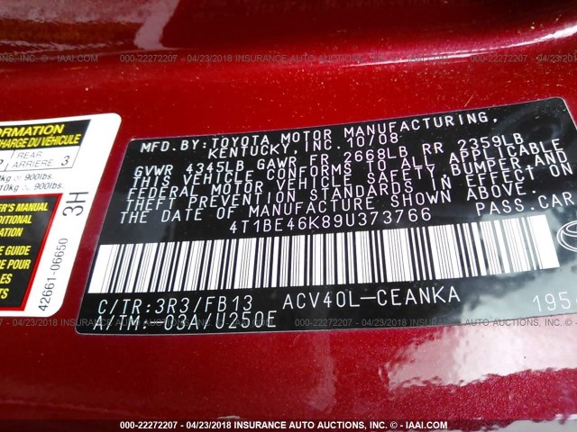 4T1BE46K89U373766 - 2009 TOYOTA CAMRY SE/LE/XLE Красный фото 9